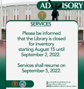 Library Advisory (Closed for Inventory)